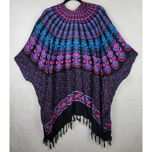 Whimsigoth Cardigan OS Kimono Sleeves Fringe Open Black Blue Pink Bohemian Print - Picture 4 of 7